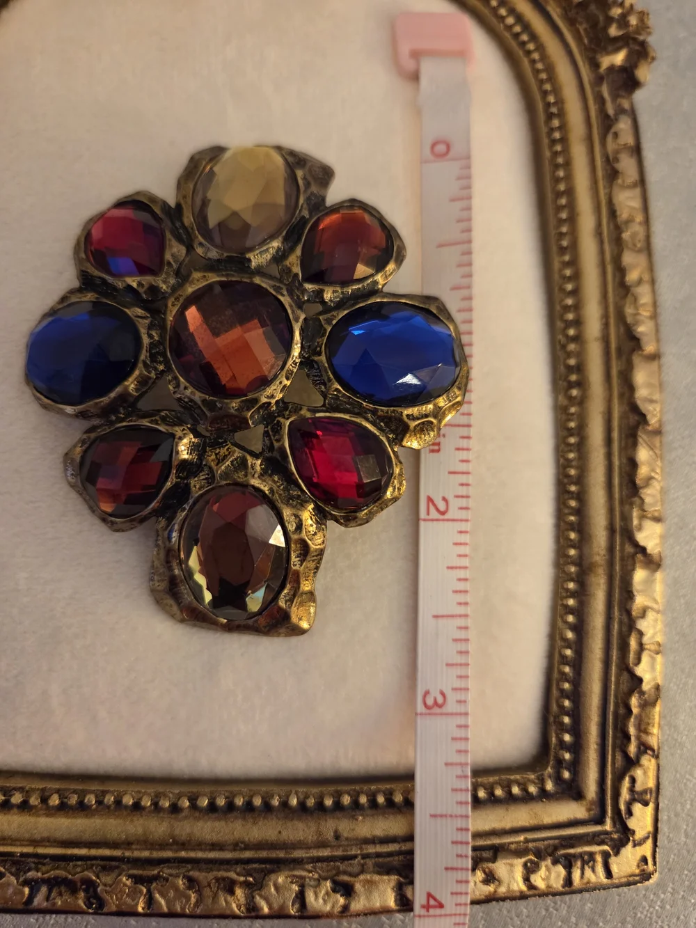 Genuine Vintage Gold-Tone Brooch/pin with Blue, Red, and Amber Glass Stone Inlay